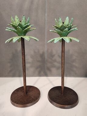 Vtg Brass Palm Tree Candle Holders